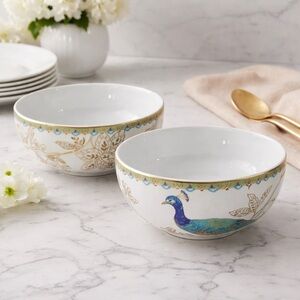 222 Fifth Peacock Garden Soup Cereal Bowls Fine China Porcelain Gold Trim x 2